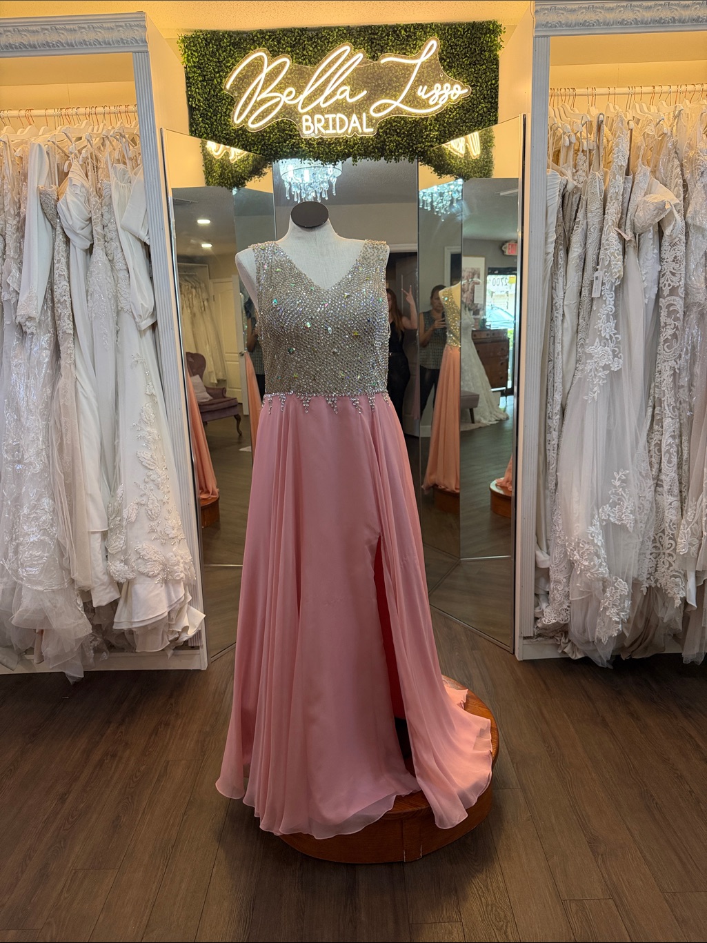 Soft Chiffon Blush Pink Beaded Bodice Evening Gown